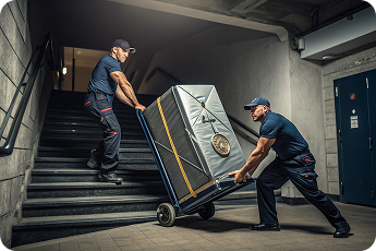 Tresortransport Berlin – Profis transportieren gepolsterten Tresor eine Treppe hinunter